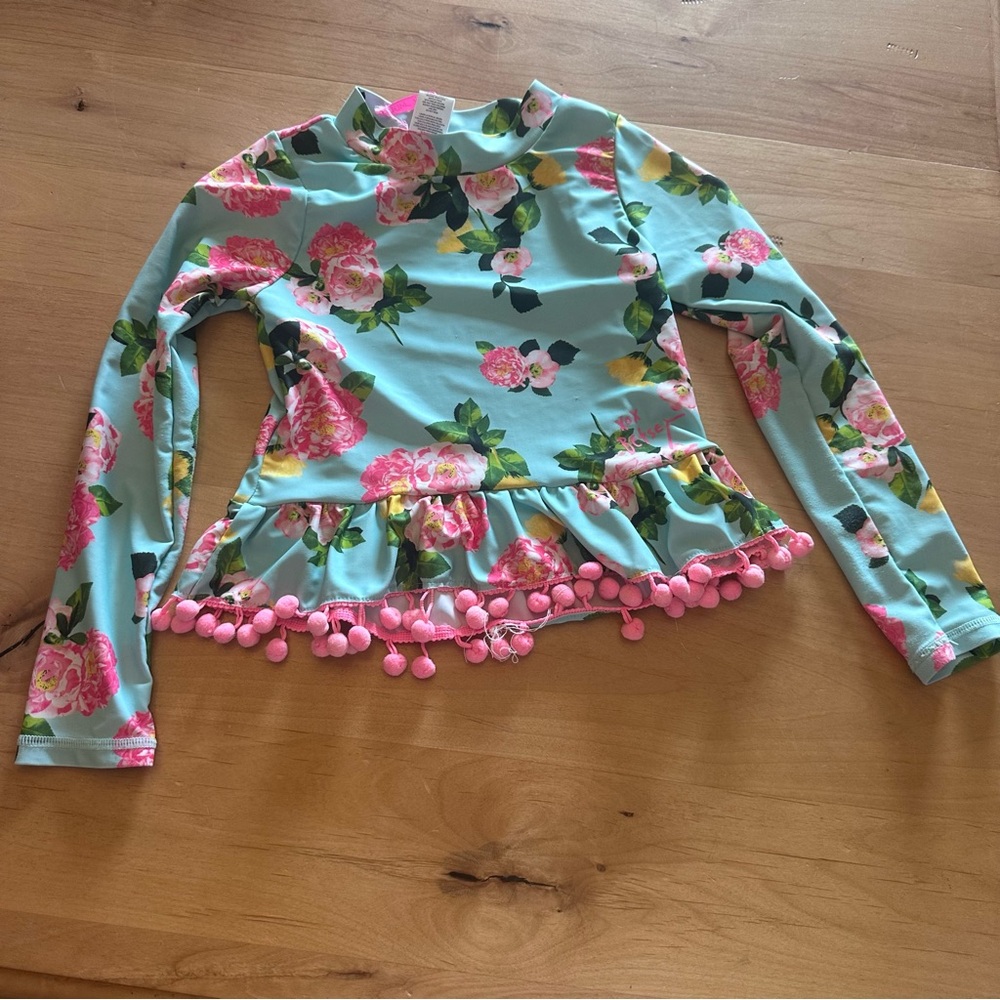 Betsy Johnson Floral Long Sleeve Rash Guard SwimTop with Pom Pom Trim Size 6